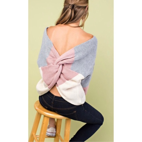 ๐ Mauve Gray Twist Back Colorblock Sweater S M L - Picture 4 of 5